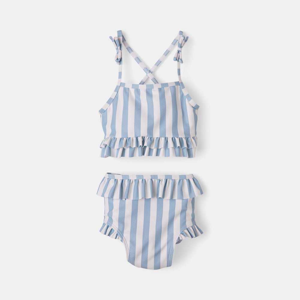 rise little earthling Ruffle Bow 2-pc Bathing Suit - Blue Fog Stripe / 0-6m - Image 4