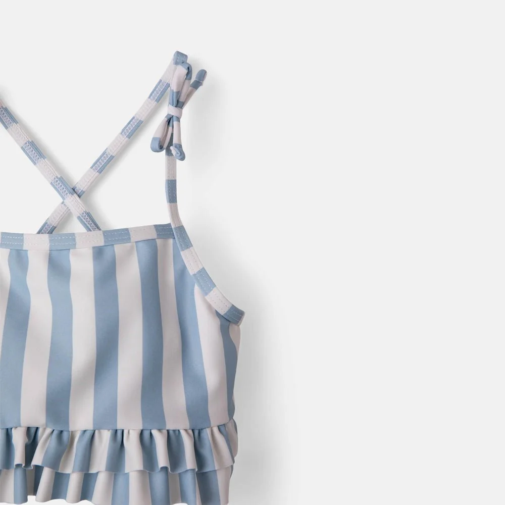 rise little earthling Ruffle Bow 2-pc Bathing Suit - Blue Fog Stripe / 0-6m - Image 5
